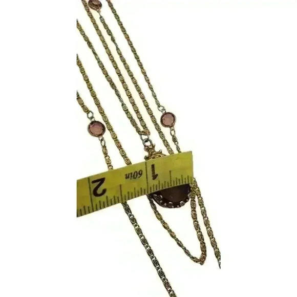 Vintage Goldette 3 Strand Cameo Necklace Amber Crystal Glass Intaglio 1950s - Picture 13 of 16